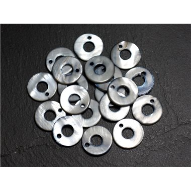 10pc - Perles Breloques Pendentifs Nacre Donuts Cercles 15mm gris noir - 4558550002013