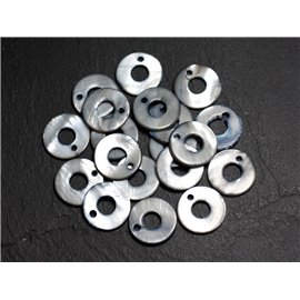 10Stk - Perlen Charms Anhänger Perlmutt Donuts Kreise 15mm grau schwarz - 4558550002013