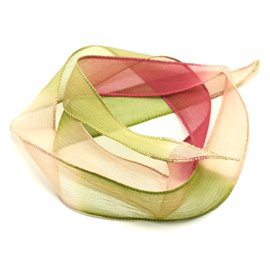 1pc - Hand-dyed Silk Ribbon Necklace 85 x 2.5cm Light Pink Raspberry Khaki (ref SOIE168) 4558550001672 