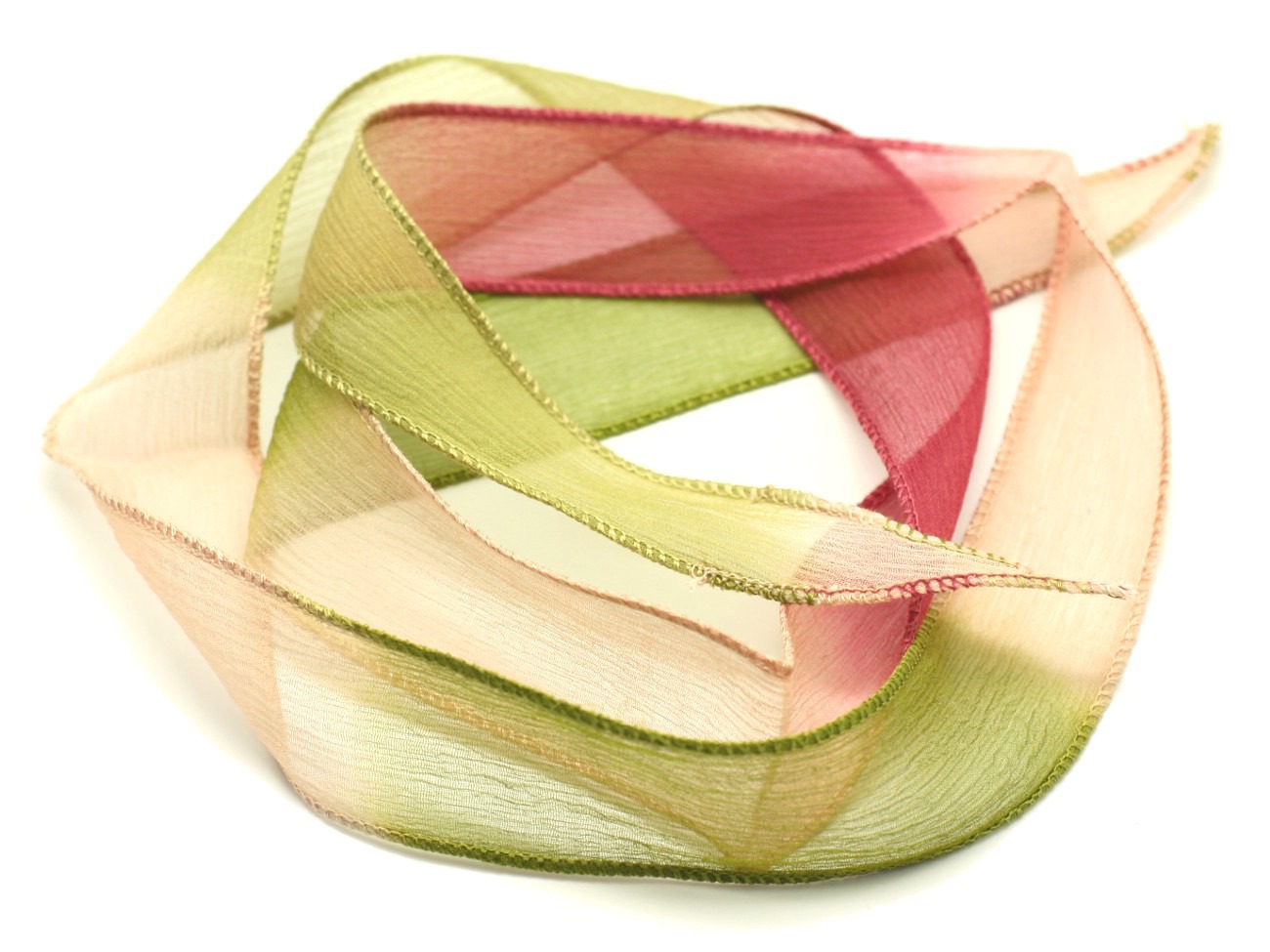 1pc - Collier Ruban Soie teint à la main 85 x 2.5cm Rose clair Framboise Kaki (ref SOIE168)   4558550001672 