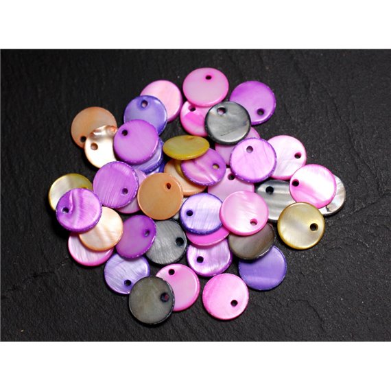 20pc - Breloques Pendentifs Nacre Ronds Palets 11mm Multicolores - 4558550002242 