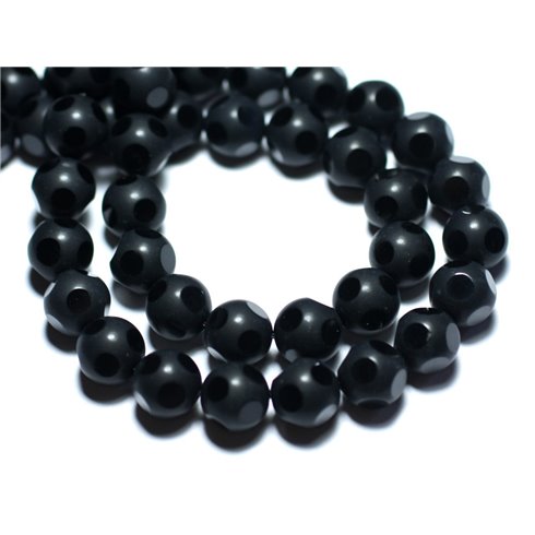 6pc - Perles de Pierre - Onyx Noir mat sablé givré Boules Facettées 10mm - 8741140007949 
