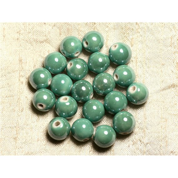 10pc - Perles Porcelaine Céramique Vert Turquoise irisé Boules 12mm   4558550009548 