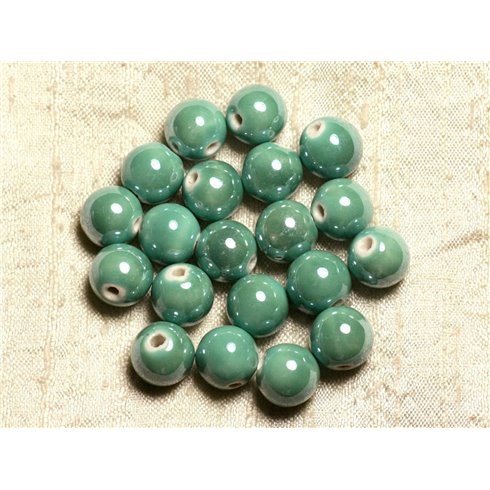 10pc - Perles Porcelaine Céramique Vert Turquoise irisé Boules 12mm   4558550009548 