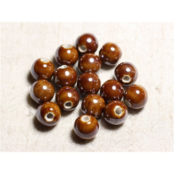 10pc - Perles Céramique Porcelaine Boules 12mm Marron irisé -  4558550088833 