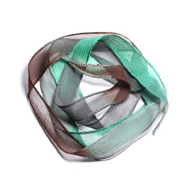 Collar de cinta de seda teñido a mano 130x1.8cm pavo real verde azul gris marrón (SILK169) - 8741140003118 