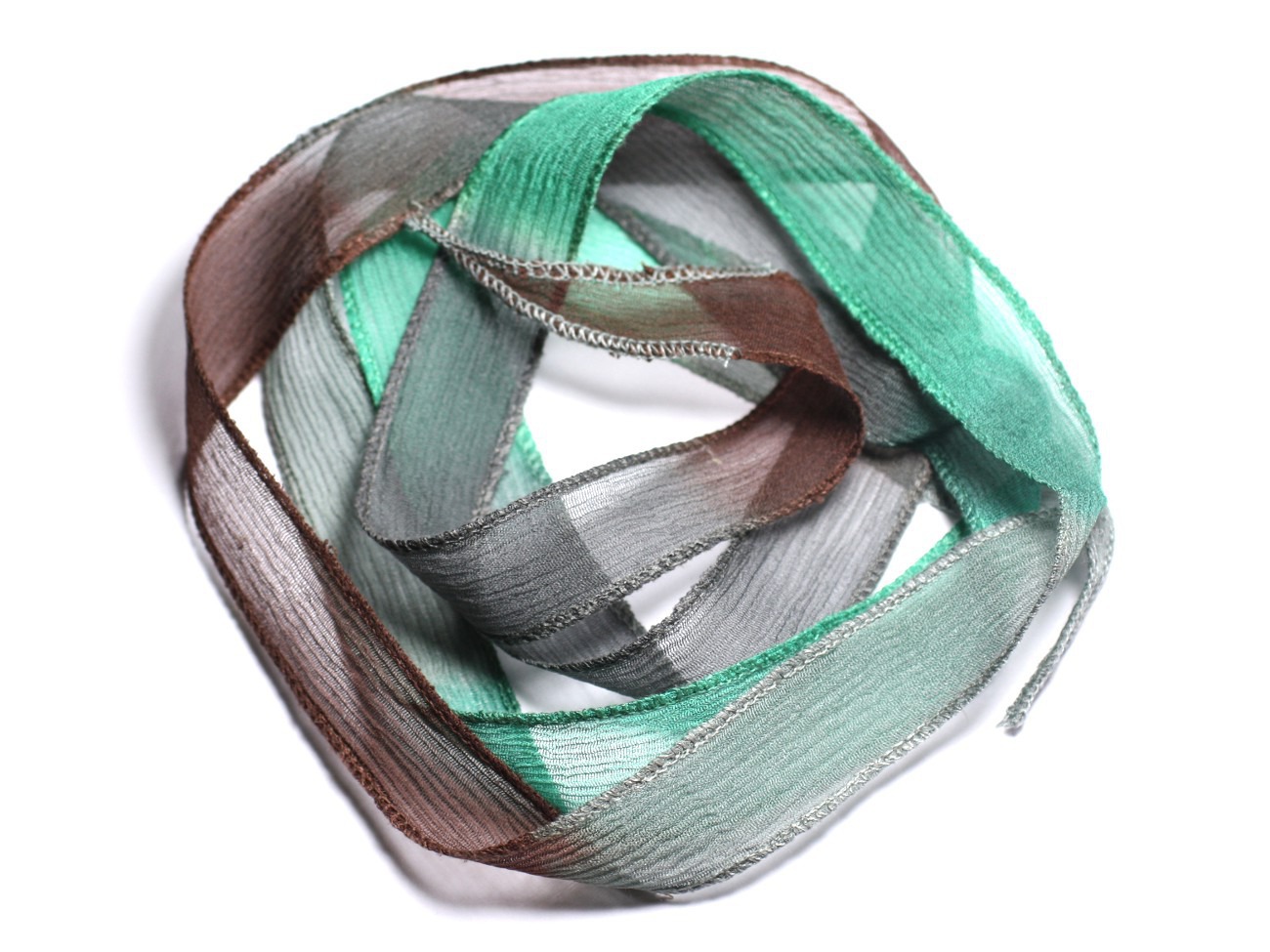 Collier Ruban Soie teint à la main 130x1.8cm Marron Gris Bleu Vert Paon (SOIE169) - 8741140003118 
