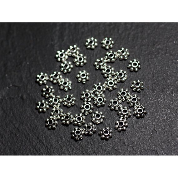 100pc env - Perles Métal argenté qualité Rondelles points fleurs 4mm - 8741140003637 