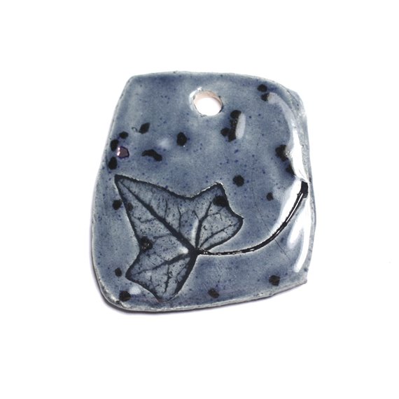 N48 - Pendentif Porcelaine Céramique Empreintes Nature Feuille 42mm Gris Bleu Anthracite - 8741140004313 