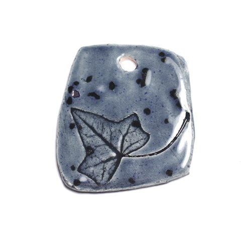 N48 - Pendentif Porcelaine Céramique Empreintes Nature Feuille 42mm Gris Bleu Anthracite - 8741140004313 