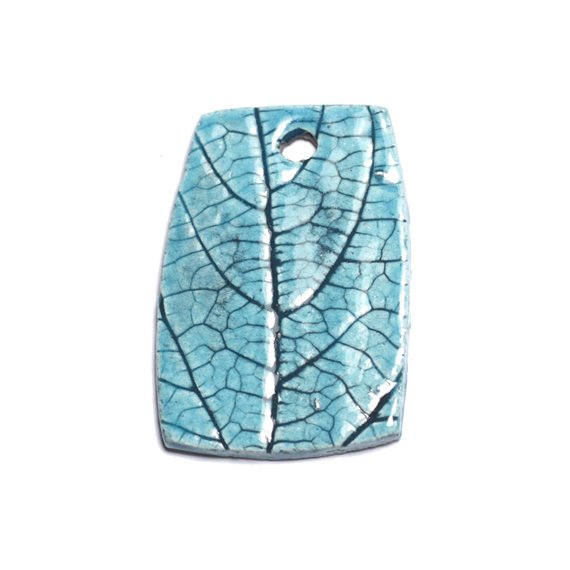 N69 - Pendentif Porcelaine Céramique Nature Feuilles 48mm Bleu Turquoise - 8741140004528 