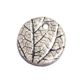 N80 - Pendente rotondo in porcellana ceramica con foglie naturali 34 mm grigio beige Ecru - 8741140004634 