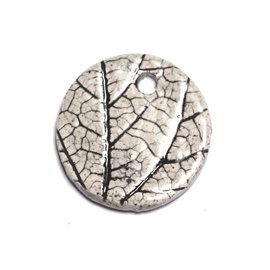 N80 - Porcelain Ceramic Nature Leaves Round Pendant 34mm Gray Beige Ecru - 8741140004634 