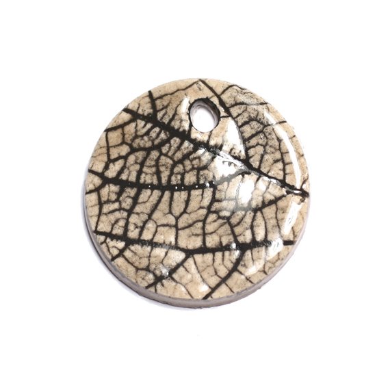 N81 - Pendentif Porcelaine Céramique Nature Feuilles Rond 35mm Gris Beige Ecru - 8741140004641 