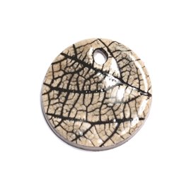 N81 - Porcelain Ceramic Nature Leaves Round Pendant 35mm Gray Beige Ecru - 8741140004641 