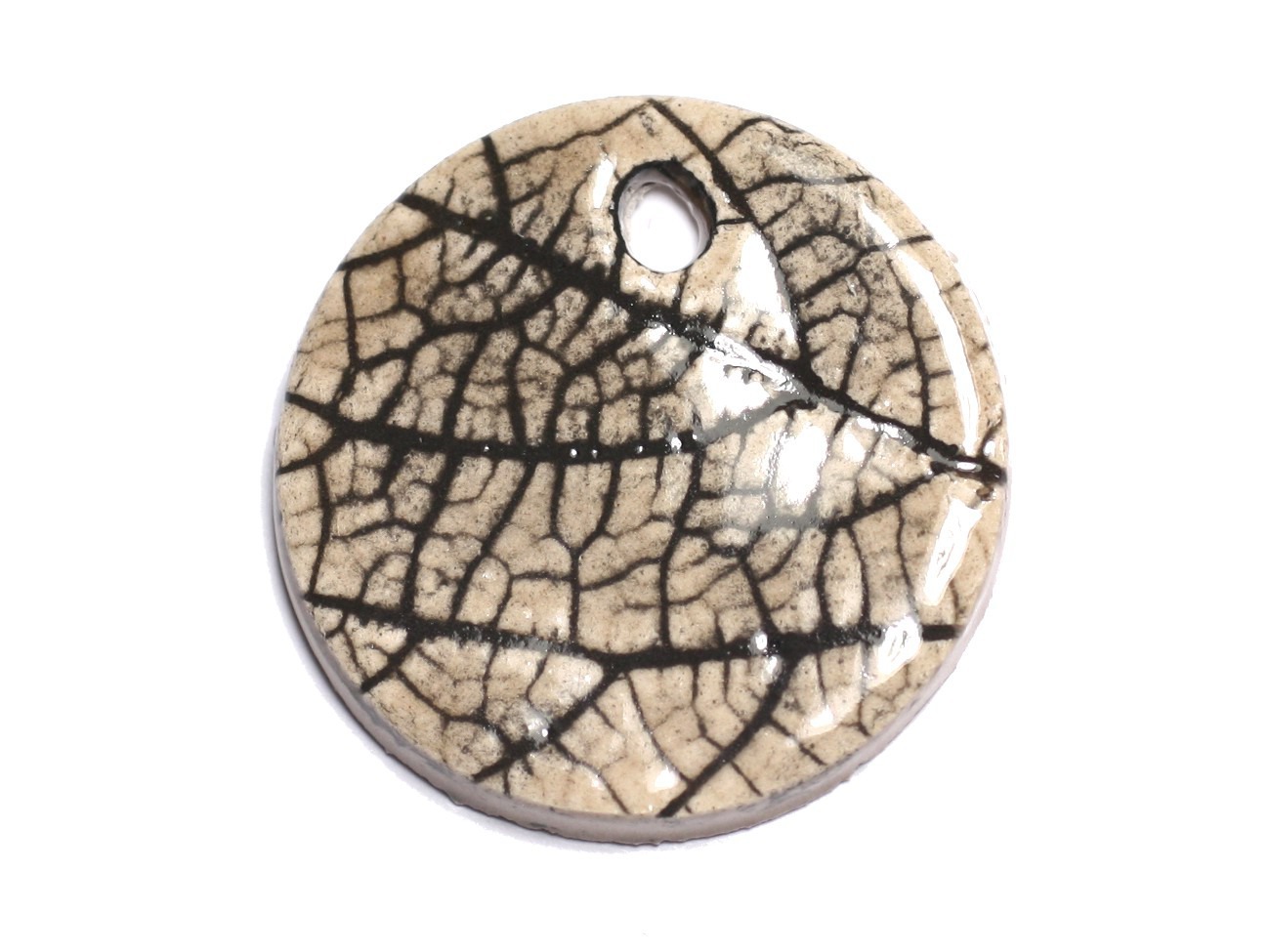 N81 - Pendentif Porcelaine Céramique Nature Feuilles Rond 35mm Gris Beige Ecru - 8741140004641 
