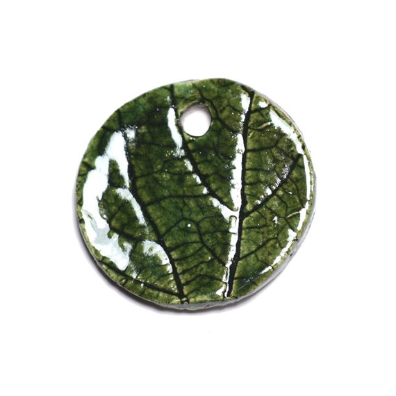 N82 - Pendentif Porcelaine Céramique Nature Feuilles Rond 34mm Vert Olive - 8741140004658 