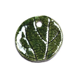 N82 - Ciondolo rotondo in porcellana ceramica con foglie naturali 34 mm verde oliva - 8741140004658 