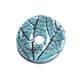 N87 - Pendente ciambella Pi in porcellana ceramica con foglie naturali 38 mm blu turchese - 8741140004702 