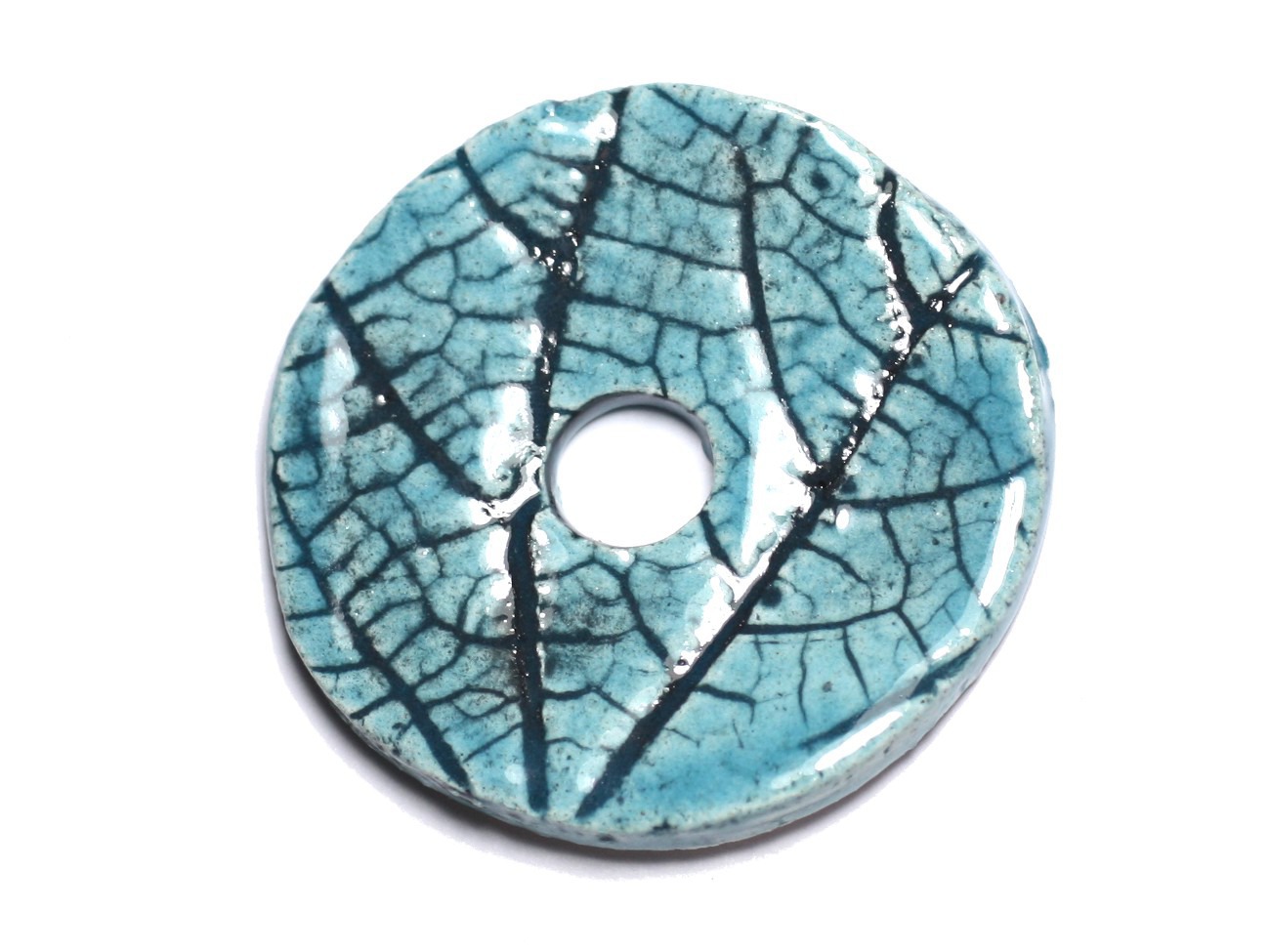 N87 - Pendentif Porcelaine Céramique Nature Feuilles Donut Pi 38mm Bleu Turquoise - 8741140004702 
