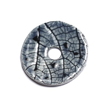 N88 - Pendentif Porcelaine Céramique Nature Feuilles Donut Pi 38mm Gris Bleu Anthracite - 8741140004719 