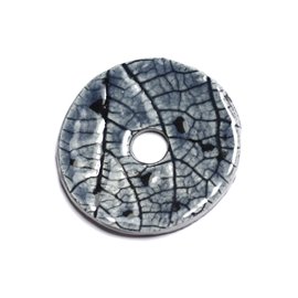 N88 - Porcelain Ceramic Nature Leaves Donut Pi Pendant 38mm Gray Blue Anthracite - 8741140004719 