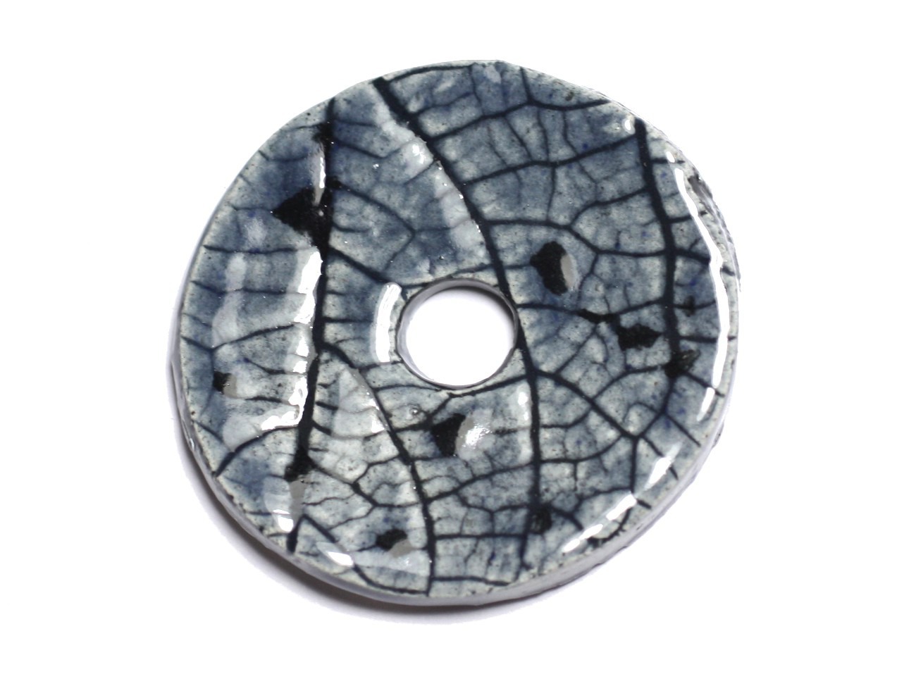 N88 - Pendentif Porcelaine Céramique Nature Feuilles Donut Pi 38mm Gris Bleu Anthracite - 8741140004719 