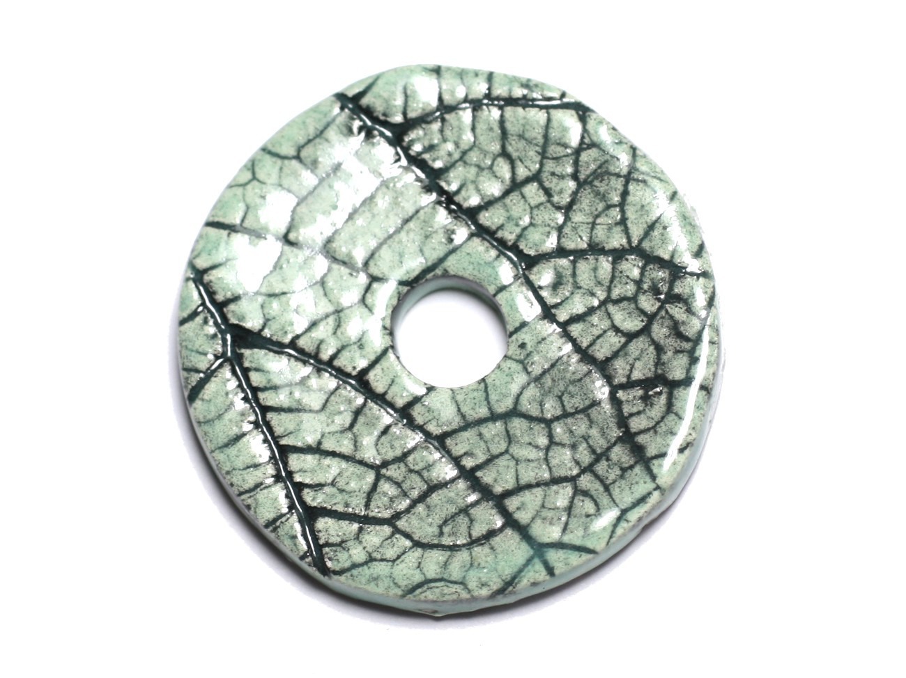 N89 - Pendentif Porcelaine Céramique Nature Feuilles Donut Pi 37mm Vert Turquoise - 8741140004726 