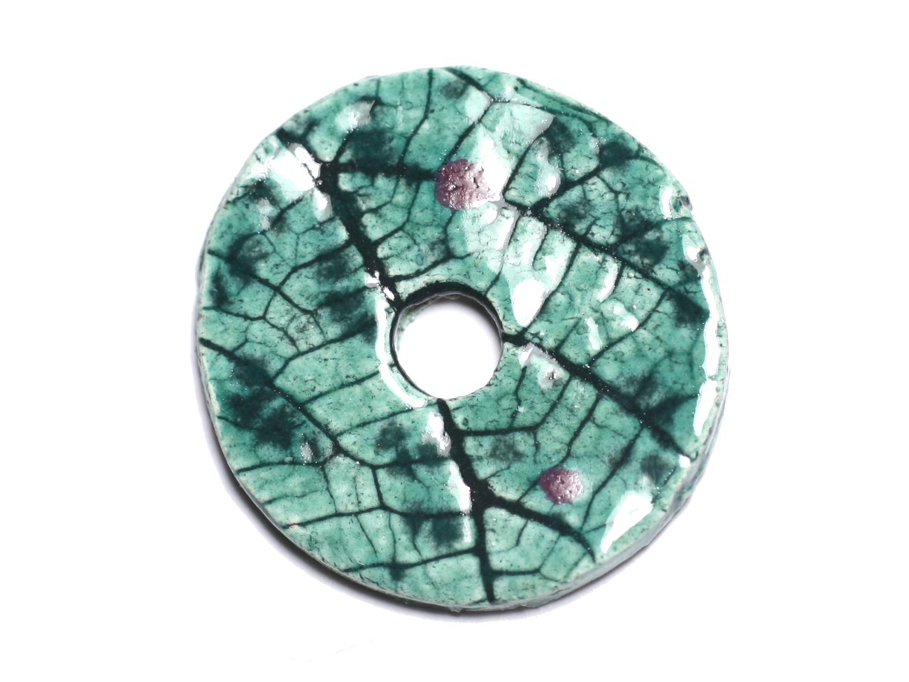 N90 - Pendentif Porcelaine Céramique Nature Feuilles Donut Pi 39mm Vert Turquoise - 8741140004733 