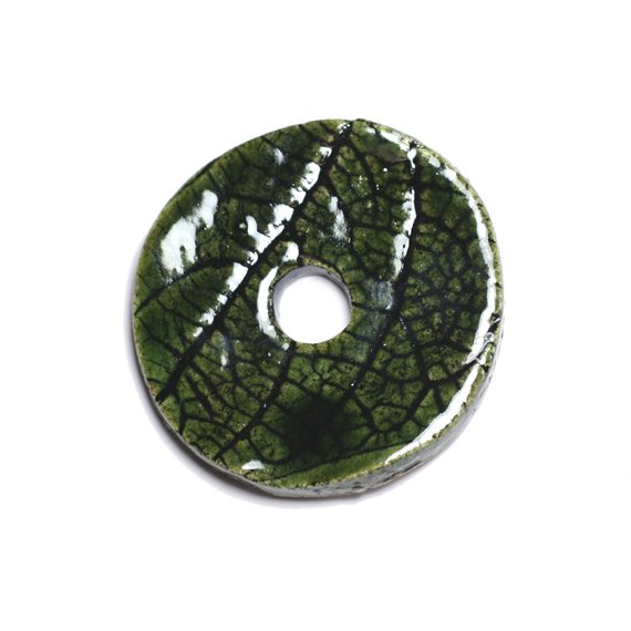 N91 - Pendentif Porcelaine Céramique Nature Feuilles Donut Pi 39mm Vert Olive - 8741140004740 