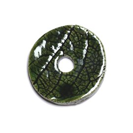 N91 - Porcelain Ceramic Nature Leaves Donut Pi Pendant 39mm Olive Green - 8741140004740 