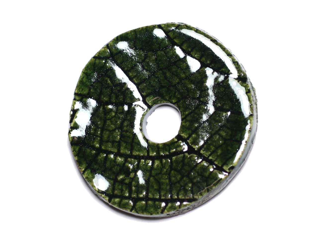 N92 - Pendentif Porcelaine Céramique Nature Feuilles Donut Pi 39mm Vert Olive - 8741140004757 