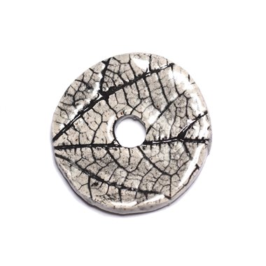 N93 - Pendentif Porcelaine Céramique Nature Feuilles Donut Pi 37mm Gris Beige Ecru - 8741140004764 