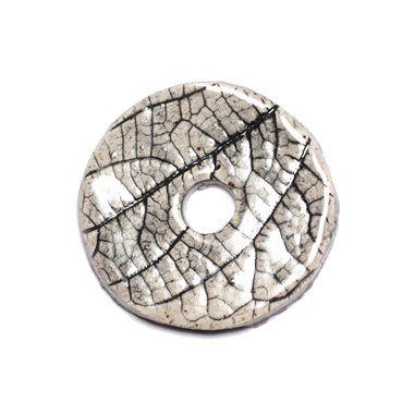 N94 - Pendentif Porcelaine Céramique Nature Feuilles Donut Pi 38mm Gris Beige Ecru - 8741140004771 