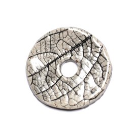 N94 - Porcelain Ceramic Nature Leaves Donut Pi Pendant 38mm Gray Beige Ecru - 8741140004771 