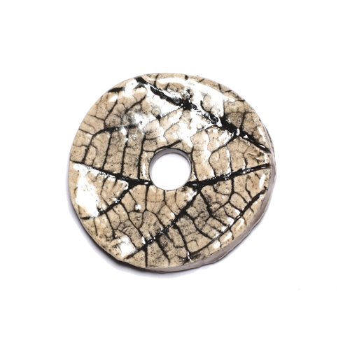 N95 - Pendentif Porcelaine Céramique Nature Feuilles Donut Pi 38mm Gris Beige Ecru - 8741140004788 