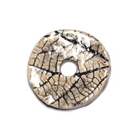 N95 - Porcelain Ceramic Nature Leaves Donut Pi Pendant 38mm Gray Beige Ecru - 8741140004788 