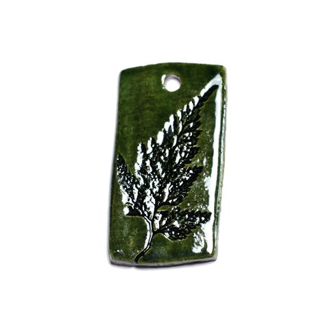 N12 - Pendentif Porcelaine Céramique Empreintes Plante Feuille 57mm Vert Olive - 8741140003958 