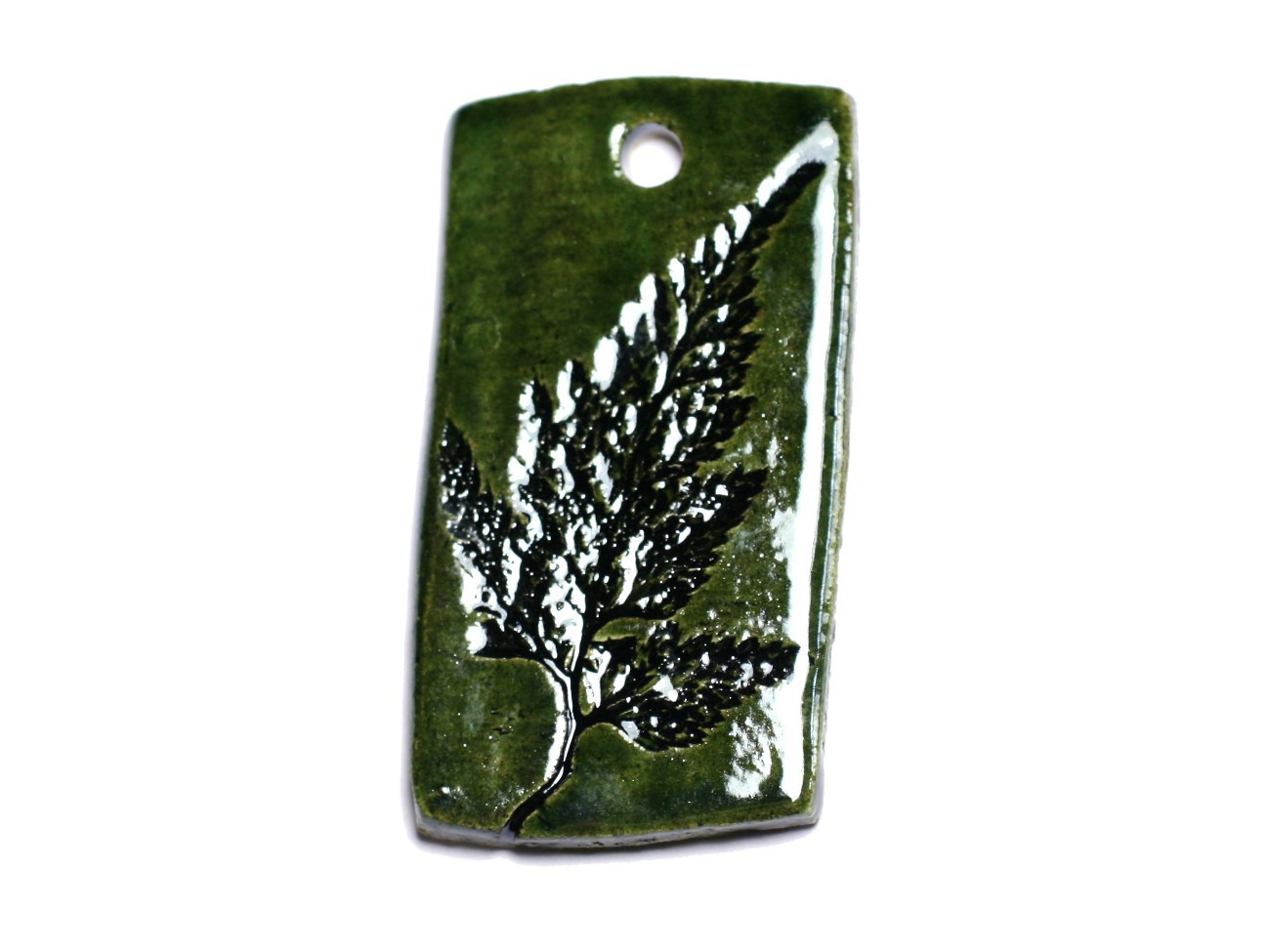N12 - Pendentif Porcelaine Céramique Empreintes Plante Feuille 57mm Vert Olive - 8741140003958 