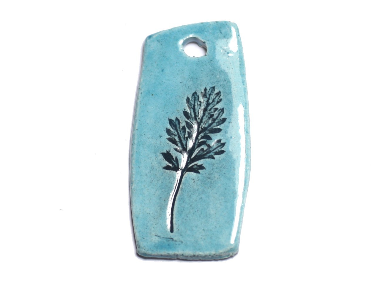 N26 - Pendentif Porcelaine Céramique Empreintes Plante Feuille 52mm Bleu Turquoise - 8741140004092 