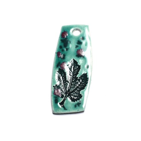 N36 - Pendentif Porcelaine Céramique Empreintes Nature Feuille 53mm Vert Turquoise - 8741140004191 