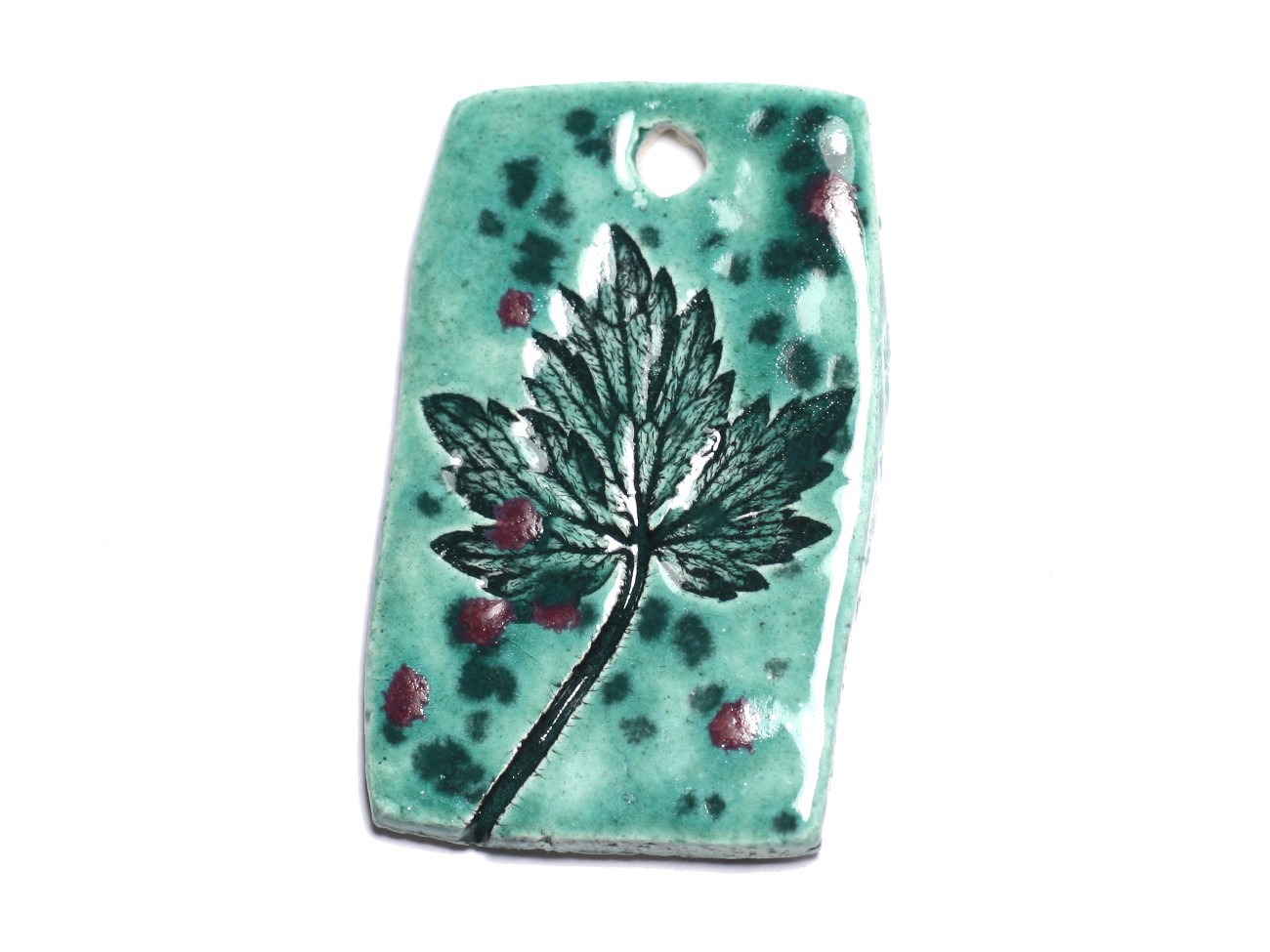 N37 - Pendentif Porcelaine Céramique Empreintes Nature Feuille 50mm Vert Turquoise - 8741140004207 