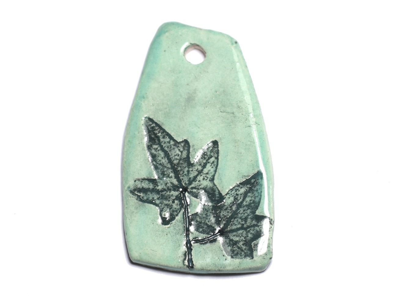 N38 - Pendentif Porcelaine Céramique Empreintes Nature Feuille 53mm Vert Turquoise - 8741140004214 