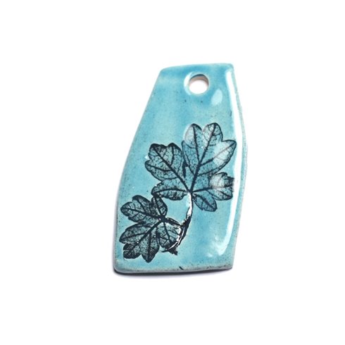 N45 - Pendentif Porcelaine Céramique Empreintes Nature Feuille 49mm Bleu Turquoise - 8741140004283 