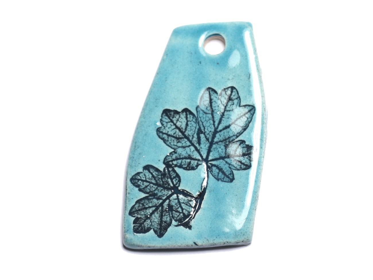 N45 - Pendentif Porcelaine Céramique Empreintes Nature Feuille 49mm Bleu Turquoise - 8741140004283 