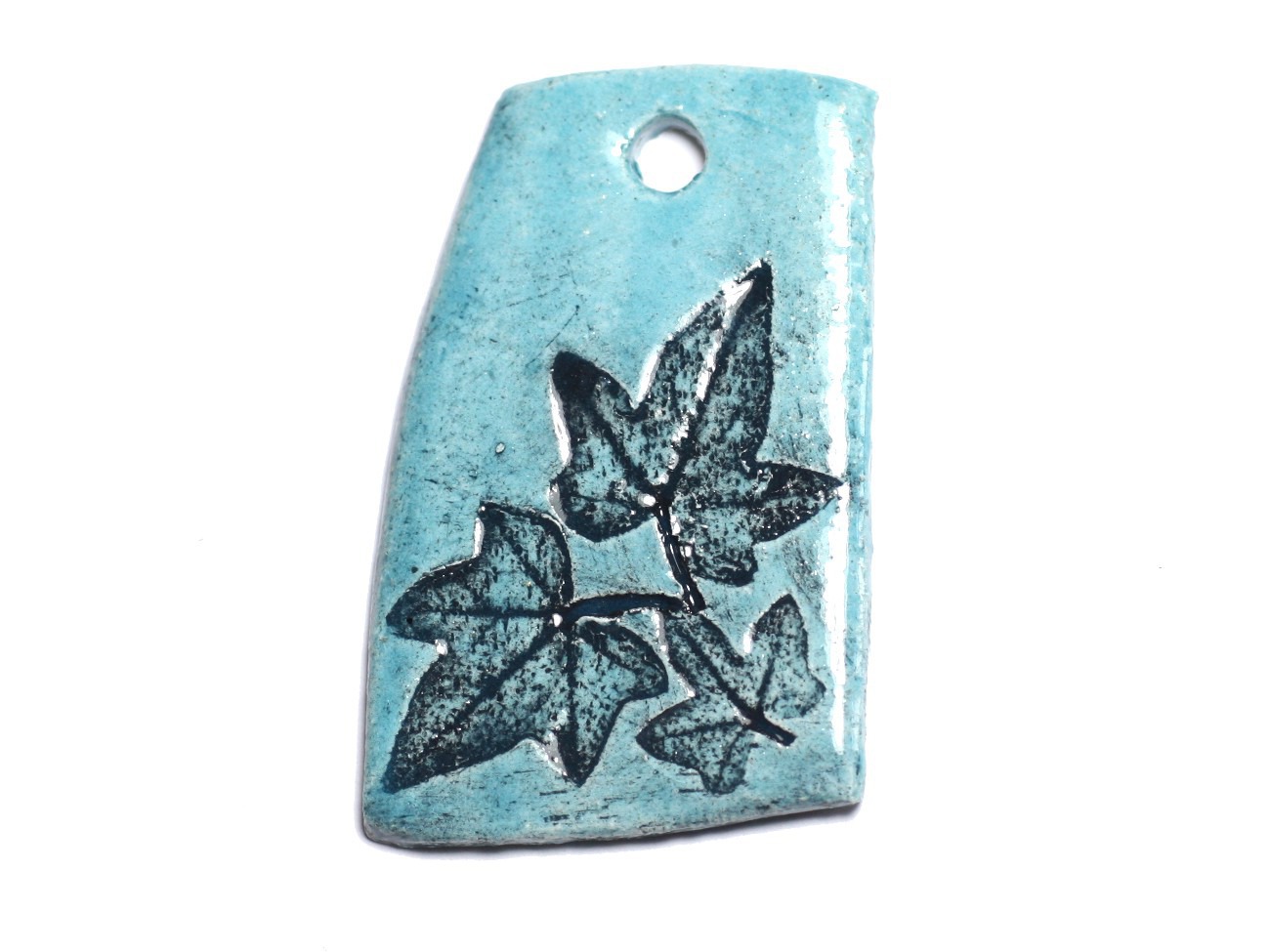 N46 - Pendentif Porcelaine Céramique Empreintes Nature Feuille 52mm Bleu Turquoise - 8741140004290 