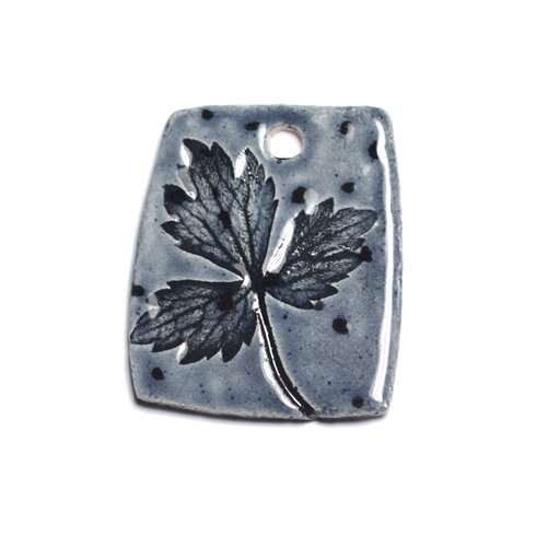 N49 - Pendentif Porcelaine Céramique Empreintes Nature Feuille 41mm Gris Bleu Anthracite - 8741140004320 