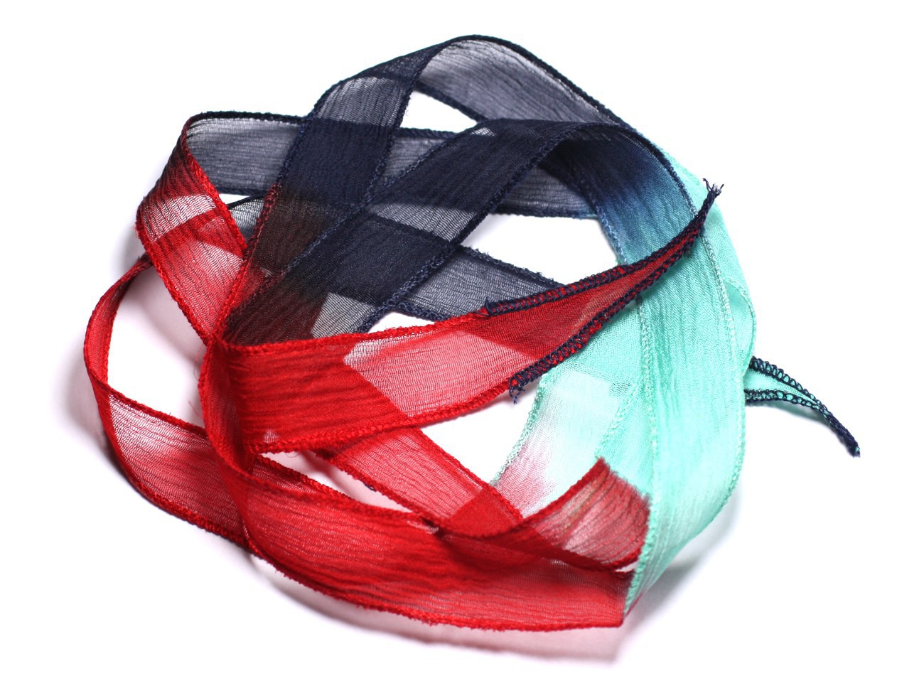 Collier Ruban Soie teint à la main 130x1.8cm Bleu nuit Rouge Turquoise SOIE181 - 8741140003323 