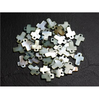 10pc - Perles Pendentifs Breloques Nacre Croix 12mm Gris Vert Kaki - 8741140003415 