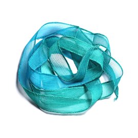 Collar de cinta de seda teñido a mano 130x1.8cm pavo real azul turquesa verde (SILK128) - 8741140003071 